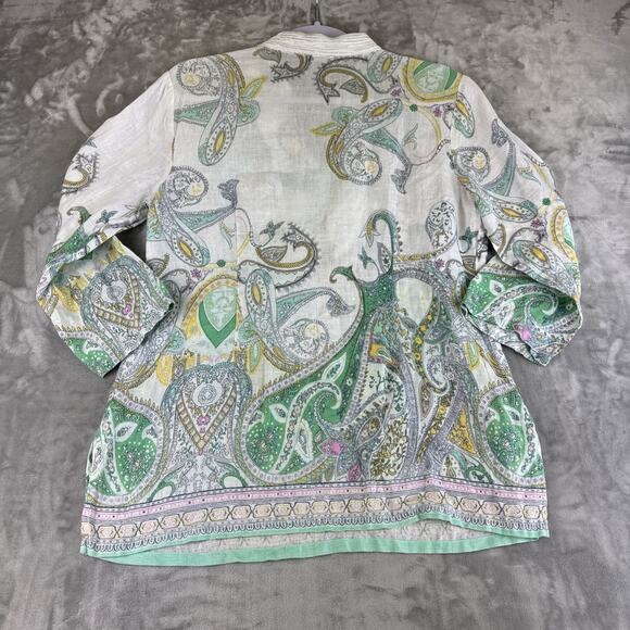 Charter Club Luxury Linen Tunic Top Women's S White Green Paisley Boho (1180) - Picture 7 of 11